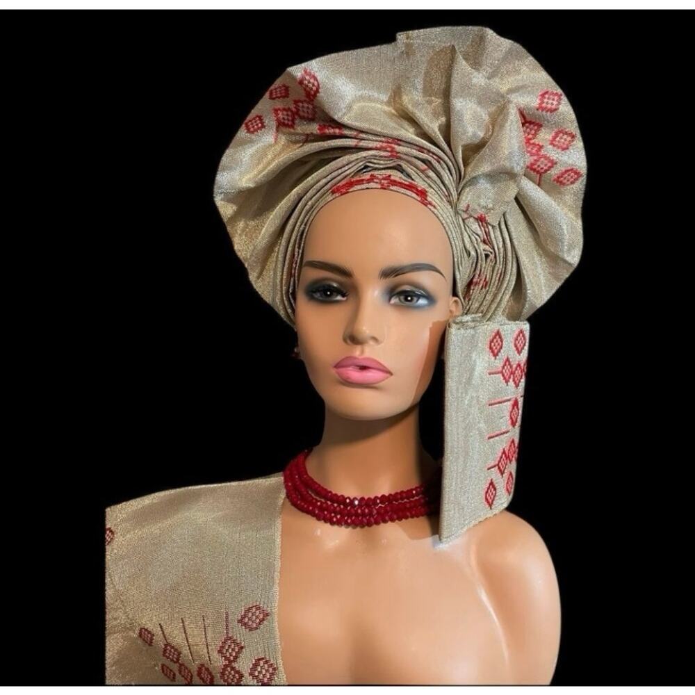 3pcs Elegant African AutoGele, NWT Shoulder & Men-Cap. Champagne & Red Diamond